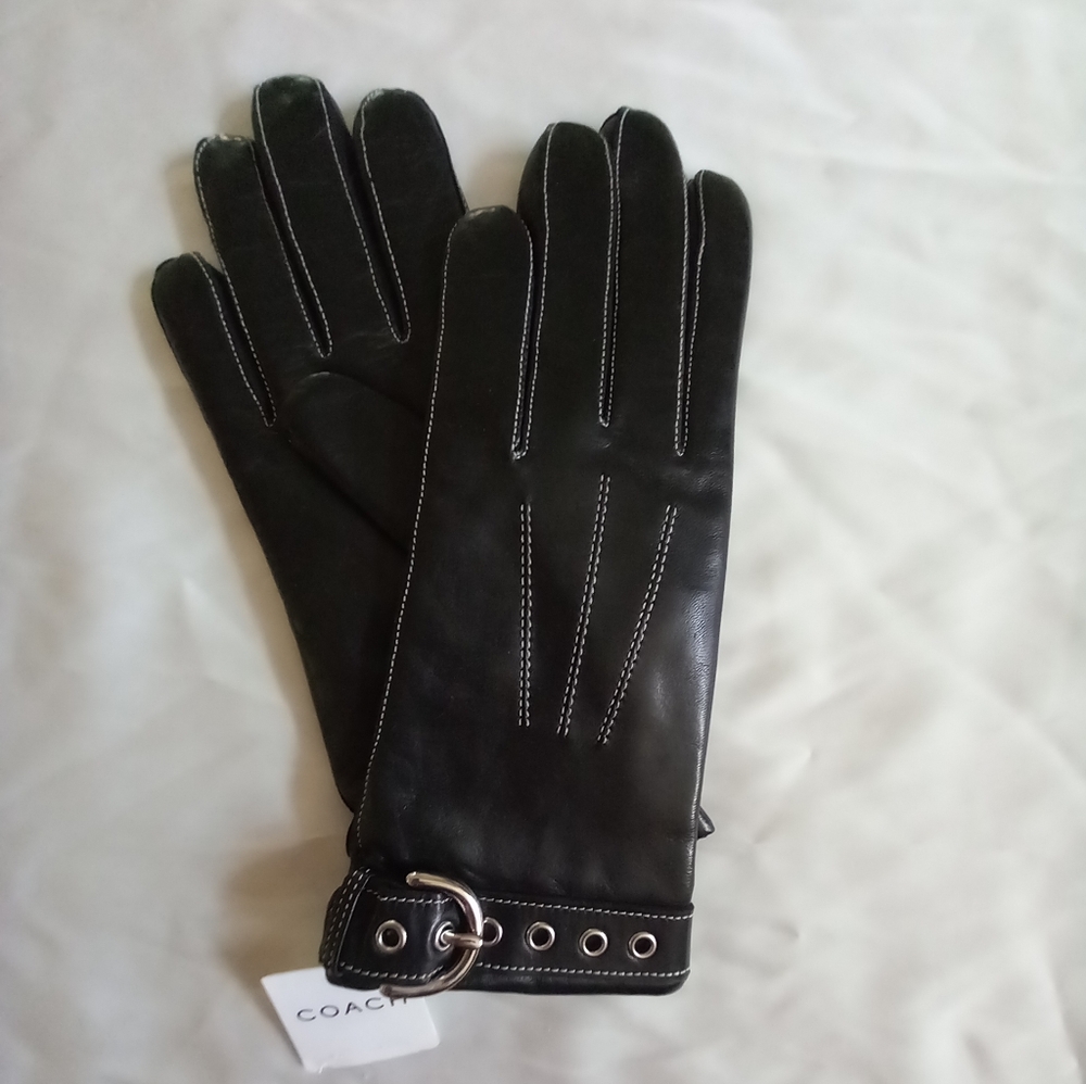 Coach Black Leather Womens Gloves with Stitch Detail